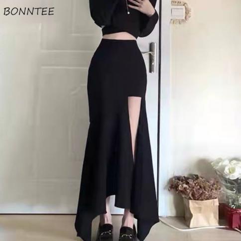 Black Irregular Skirts Women  Slim Fashion Ankle Length Temperament High Waist Mature New Arrivals A Line  Style Chic