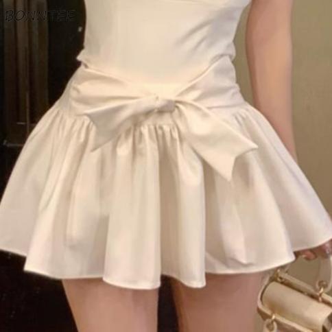 Mini Kawaii Skirts Women Ball Gown Aesthetic Bow High Waist Vintage Summer Maiden All Match  Style Daily Faldas Clothing