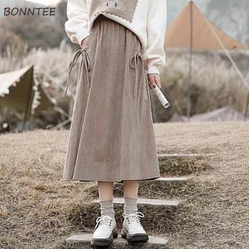 Skirts Women Aline Mid Calf Leisure Students Solid Baggy High Waist Bow Pockets Femme New Sweet Gentle Fashion Autumn Wi
