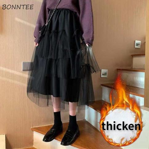 New Winter Thicken Warm Skirts Women French Style A Line Mesh Designed Tierred Sweet Girls High Waist Midi Elegant Offic