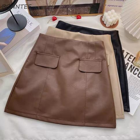 Skirts Women Slim Daily Simple Ladies Designer Comfortable Autumn All Match Pu Above Knee  Style Casual Retro Solid New