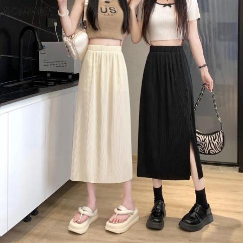 High Waist Slit Skirts Women A Line Hotsweet Solid All Match  Style Summer Casual Temperament Female Age Reducing Tender