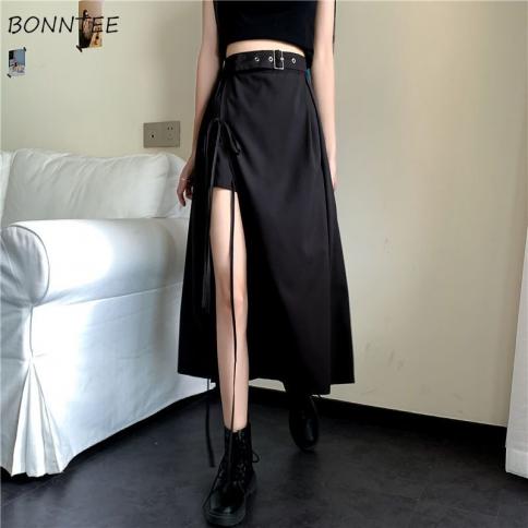 Skirts Women Side Slit Spring High Waist Fashion A Line Simple Lace Up Leisure  Style New Loose Design Streetwear Ladies