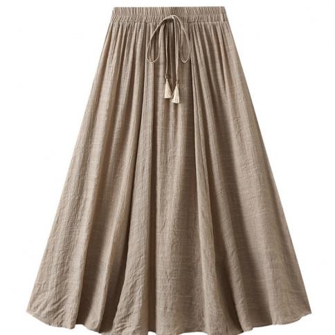 Feminino vintage 2 camadas sólido saia longa moda elástica cintura alta algodão linho balanço a linha saias 2023 verão k268