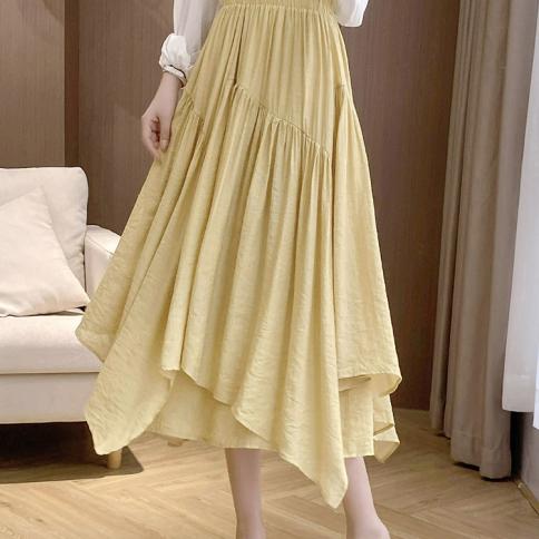 Saia longa assimétrica vintage feminina moda elástica cintura alta lenço bainha saias fluidas 2023 verão k291