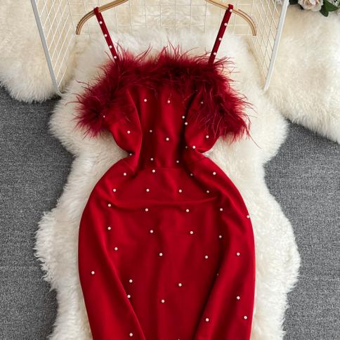 Verano Mujer rojo/negro Spaghetti Strap fiesta vaina Mini vestido elegante piel borla Patchwork alta cintura ceñido al cuerpo Ve