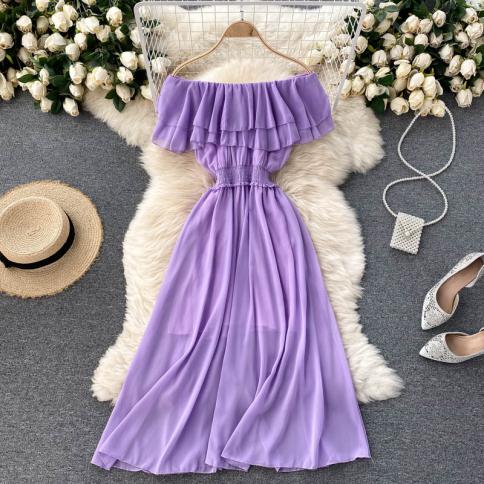 Purple White Summer Dress  Purple White Women Dress  Yellow Ruffle Chiffon Dress  Dresses  