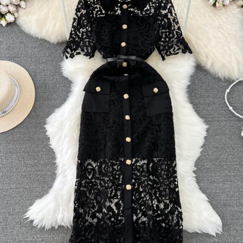 Summer Women Black Hollow Out Lace Party Dress Elegant Turn Down Collar Short Sleeve Single Breasted Vintage Robe New Fa