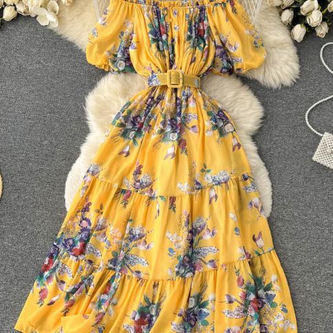 Summer Bohemian Floral Chiffon Long Dress Women  Off Shoulder Ruffle Puff Short Sleeve High Waist Aline Big Swing Vestid