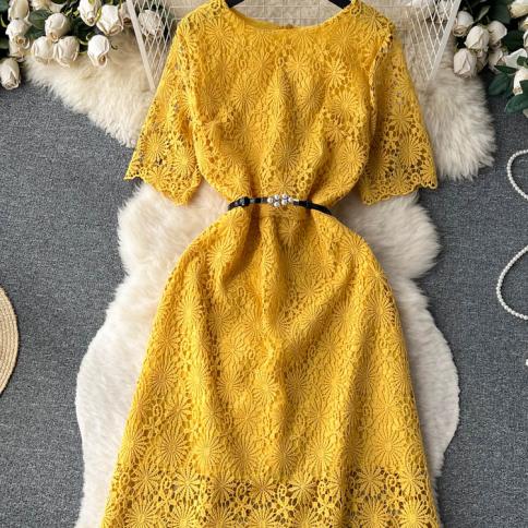 Summer Women Hollow Out Lace Embroidered Dress Vintage Round Neck Short Sleeve High Waist A Line Party Mini Vestidos Fem