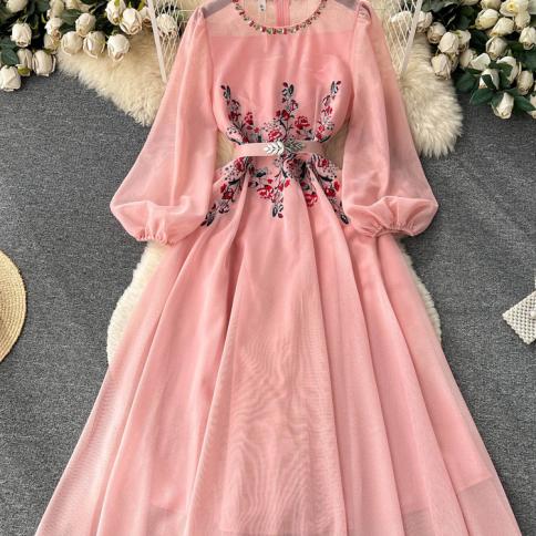 Autumn Women Embroidered Beading Party Long Dress Pink/black/biege/white Round Neck Puff Sleeve High Waist Maxi Robe Wit