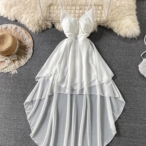 White Ruffle Long Strap Dress  Dress White Ruffle Open Back  Summer Black/white  