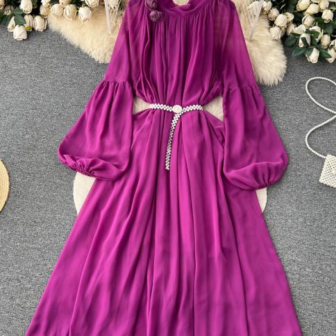 Autumn Vintage Women Purple/yellow/green Chiffon Long Dress Elegant Stand Collar Puff Sleeve A Line Vestidos With Beadin