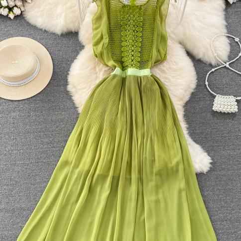 Summer Vintage Women Red/green/purple Lace Patchwork Hollow Out Draped Long Dress Elegant O Neck Ruffle Sleeveless Vesti