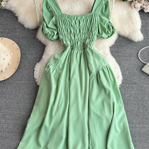 Summer Vintage Women Square Collar Draped Dress Elegant Short Puff Sleeve High Waist A Line Green/purple/yellow Vestidos