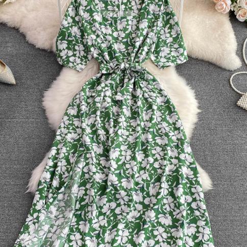 Summer Women Floral Midi Dress Vintage Square Collar Short Puff Sleeve High Waist A Line Elegant Casual Robe New Fashion