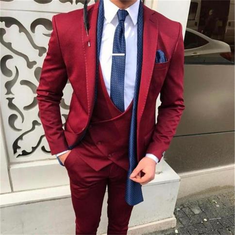 חליפות גברים בצבע בורדו לחתונה slim fit טוקסידו חתן 3 חלקים ווסט ג'קט גברי קלאסי עם מכנסיים עיצוב אופנה 2023