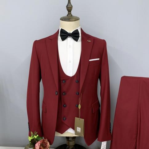 חליפות בלייזר אדום לגברים עם חזה חד דש עם פסגות קז'ואל hombres slim fit terno מכנסיים 3 חלקים בהתאמה אישית