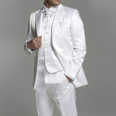 טוקסידו חתן סאטן לבן לחתונה עם דש שיא 3 חלקים חליפות גבר בהתאמה אישית שושבינים בגדי אופנה מעיל אפוד wt