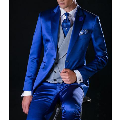 חליפות סאטן לגברים כחול רויאל לחתונה עם חזייה אפורה טוקסידו חתן בגזרה דקיקה אופנה גברים 3 חלקים (ז'קט+וסט+פאן