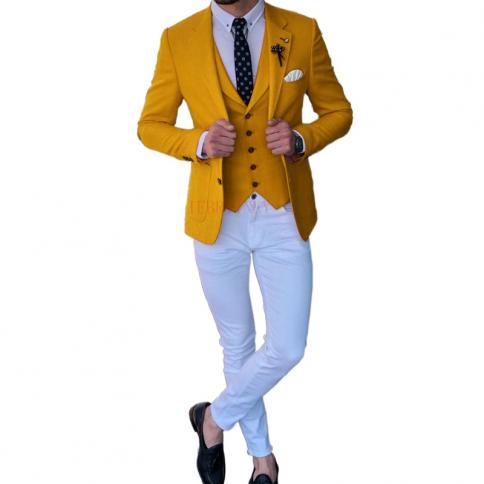 חליפות גברים צהובות לחתונה אפוד ז'קט עם מכנסיים 3 חלקים טוקסידו שושבינים בהתאמה אישית תחפושת אופנה גברית 2