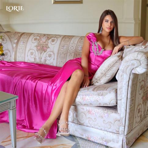Lorie Pink Ruched Evening Dresses Side Slit Off Shoulder Mermaid Satin Shiny Prom Dress Dubai Arabia Crystals Bride Part