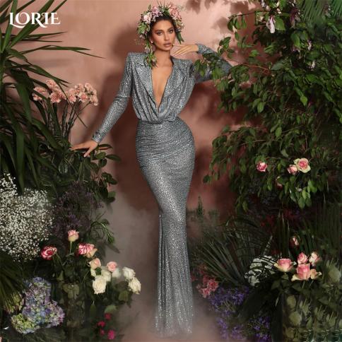 Lorie Luxury Glitter Mermaid Evening Dresses Deep V Neck Bodycon Long Sleeves Celebrity Dress Modern Sparkly Pageant Par