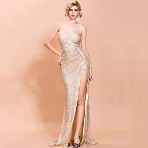  Sweetheart Strapless Evening Dress Sequin Pleat Side Slit Floor Length Women Party Gowns Backless Formal Banquet Dresse
