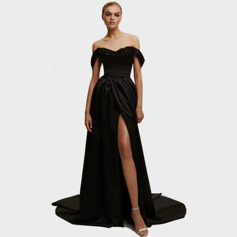Classic Black Off The Shoulder Pleat Evening Dresses High Slit Aline Floor Length Women Party Banquet Custom Made Gown R