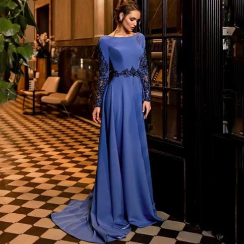 Elegant Scoop Long Sleeve Evening Dresses Applique Beading Aline Floor Length With Sweep Train Women Formal Party Gowns 