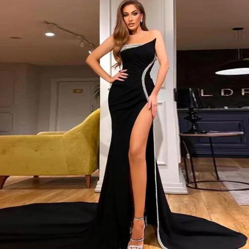 High Slit Black  Evening Dresses For Women Party Sleeveless Strapless Prom Gowns 2022 New Arrived Vestidos De Fiesta Sum