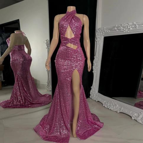 Halter High Slit Strapless Prom Gowns 2023 New Summer Fashion Glitter Evening Dresses For Party Dress Zipper Back  Vesti