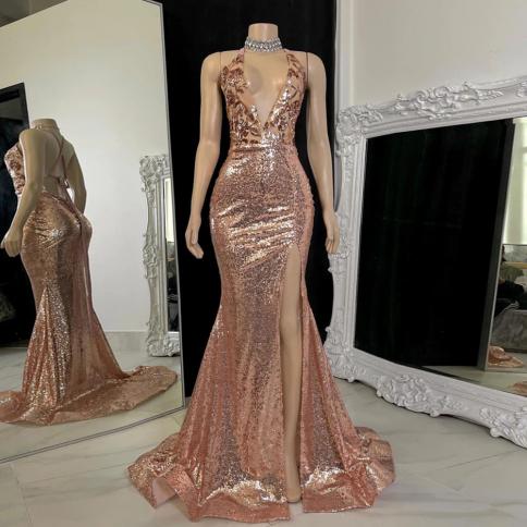 Rose Gold Asymmetrical Prom Gowns V Neck Sleeveless Prom Gowns High Slit Women's Dress 2023 Glitter Sequined Vestidos De