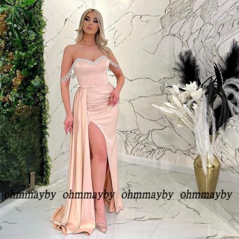 Ohmmaybe Pink Chic Sweetheart Evening Dresses For Ladies Party Satin Prom Gowns Off The Shoulder Women's Dress Robes De 