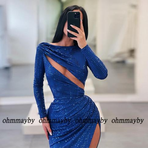 Ohmmyby Royal Blue Sequin Evening Dresses For Ladies 2023 New Arrived Full Sleeve Prom Gowns Asymmetrical Women Dress Ve