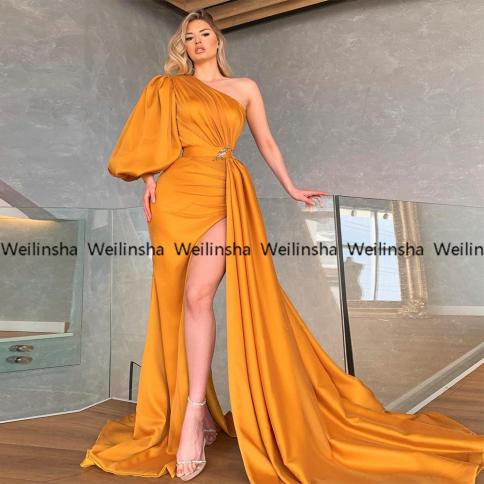 Orange One Shoulder Evening Dresses For Party Court Train 2023 Pleat Belt Court Train Prom Gowns Full Sleeve Vestidos De