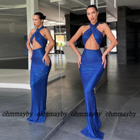 Halter Royal Blue Women Dress 2023 Sleeveless Strapless Fashion Glitter Prom Gowns New Summer Mermaid Evening Dresses Ve