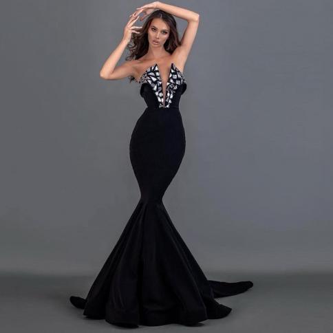 Chic Strapless V Neck Evening Dress Mermaid Diamond Beading Floor Length Black Jersey Open Back Sleeveless Party Banquet