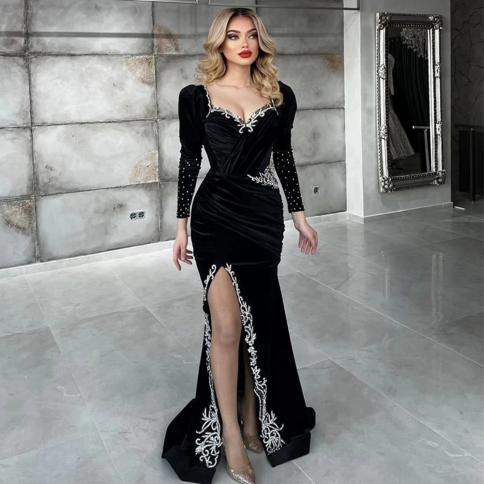 Weilinsha  Long Sleeve Evening Dress Deep V Neck Applique And Pleat Side Slit Mermaid Floor Length Women Custom Gowns
