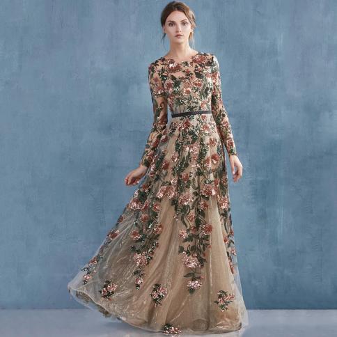 Elegant Oneck Long Sleeve Evening Dress Sequins Flowers Applique Aline With Belt Floor Length Women Party Banquet Gowns 