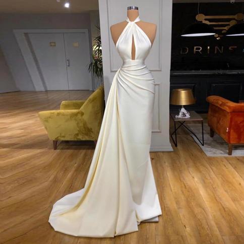 Halter Court Train Prom Dress White Fashion  High Quality Satin Evening Dresses Pleat  Sleeveless Women's Dress Vestidos