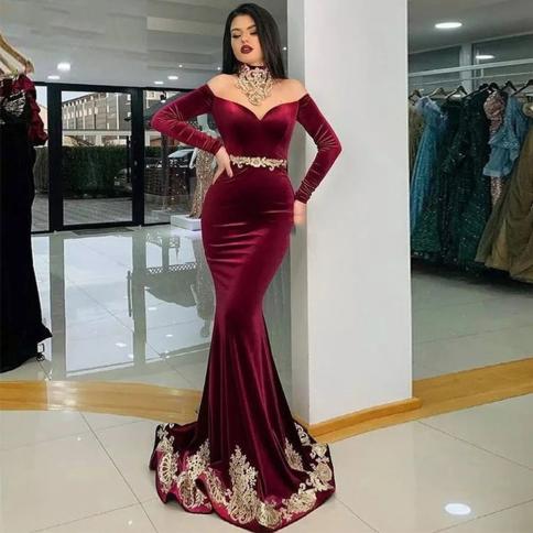 Sister Red Wine Moroccan Kaftan Evening Dress Mermaid Formal Dubai Formal Charming Gold Apploqies Celebrity Dresses Plus