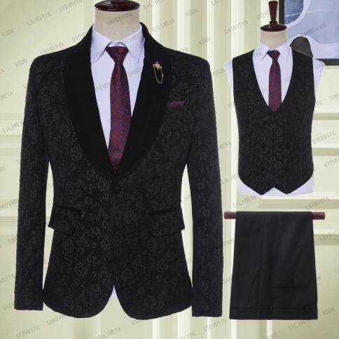 2023 Black Jacquard Bronzing Floral Blazer Men Luxury Brand Single Button Suit Jacket Wedding Party Stage Costume Homme