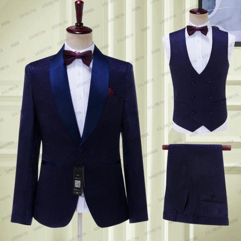 2023 New Arrival Men Suits Blue Shawl Lape Jacquard Floral Groom Satin Lapel Groomsmen Wedding Best ( Jacket+pants+vest 