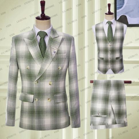 2023 Linen Men's Blazer Light Green Plaid Check Double Breasted Three Piece Coat Pants Vest Slim Fit Casual Wedding Groo