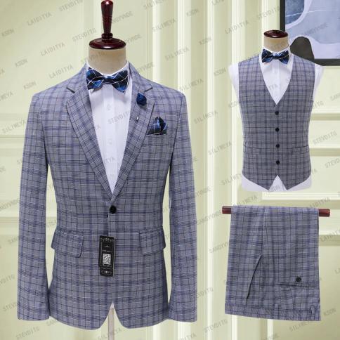 2023 New Style Classic Dark Blue Striped Mens Suits Slim Fit Business Blazer Single Breasted Wedding Groom Tuxedos 2 Pie