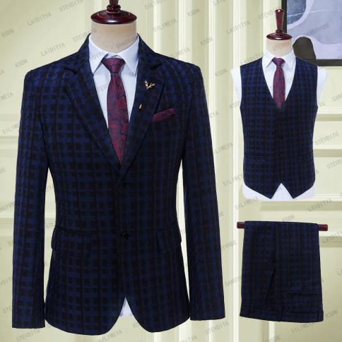 2023 New Men's Fashion Boutique Lattice Business Casual Suit Stage Groom Wedding Dress Performance Costume Blazer Vest P