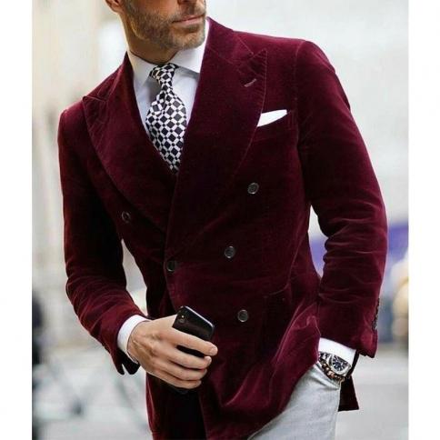 Blazer de terciopelo con doble botonadura color burdeos para hombre, elegante abrigo individual, traje para fumar para hombre, c