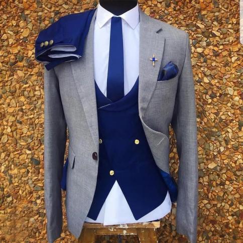 Esmoquin de boda gris de 3 piezas para trajes formales para hombre, conjunto de chaqueta, chaleco de doble botonadura con pantal