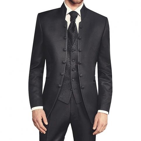 Black Tunic Groom Tuxedo For Wedding With Double Breasted Slim Fit Men Suits With Stand Collar 3 Piece Fashion Jacket Pa